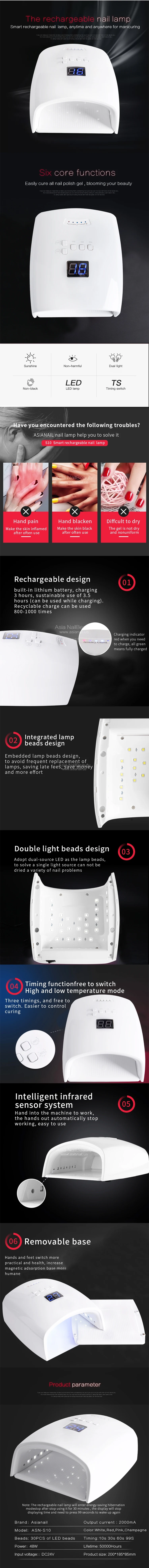 Asianail 2020 Best Selling Good Quality Uv Led 48w dryer Wireless rechargeable battery nail lamp