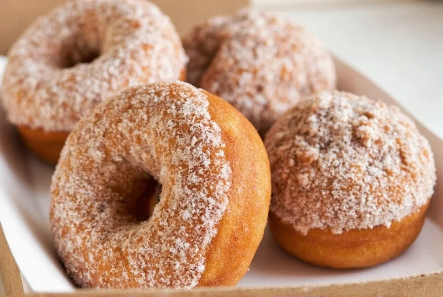 Freshly made cinnamon sugar donuts at a Rocklin bakery, golden brown donuts coated in cinnamon sugar on white plate with cinnamon sticks scattered around