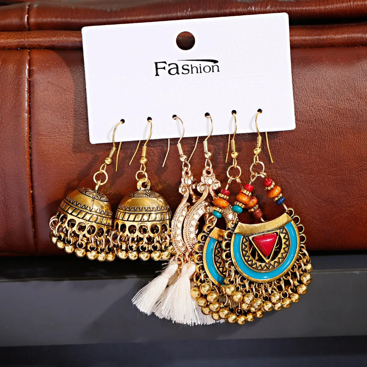 

3Pcs/set Vintage Gold Bells Alloy Bollywood Oxidized Earrings For Women Ethnic Pearl Tassel Jhumka Dangle Earrings, Gold/silver