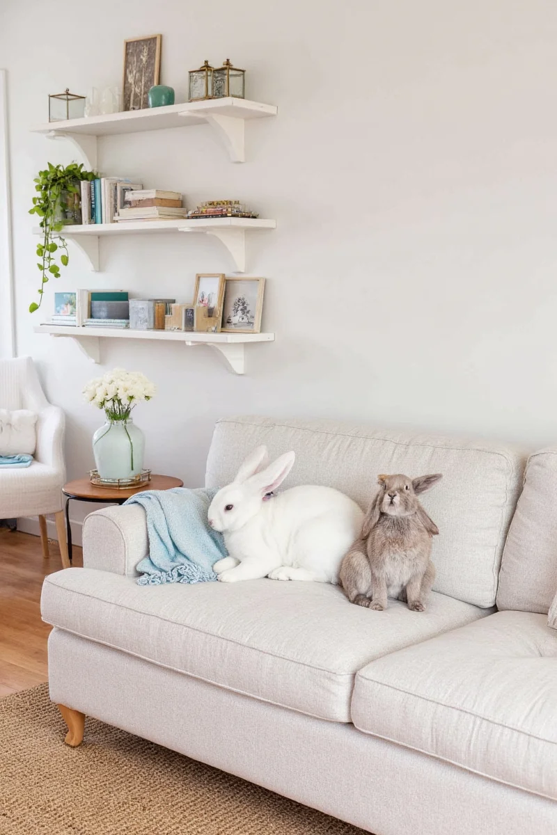 Soft gray bunny patterned blanket draped over a chair.