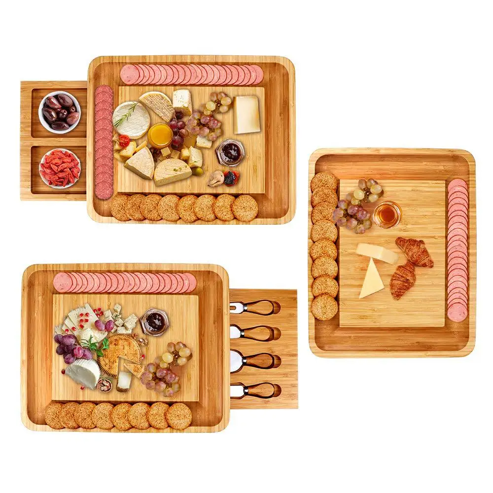 

Square Wood Slide Out Drawer Platter Bamboo Slate Cheese Board With Cutlery Set, Natural