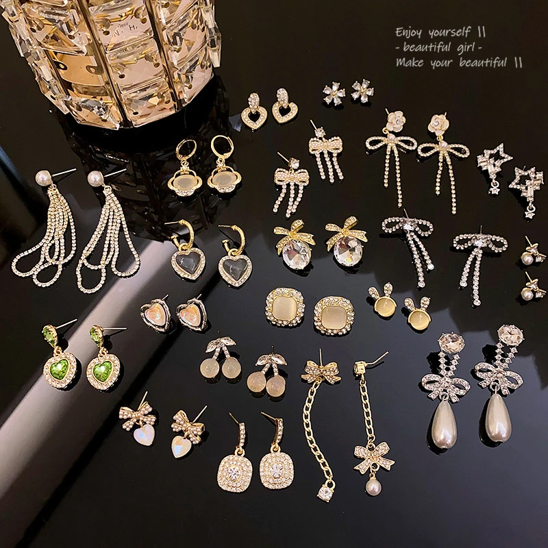 

Luxury S925 Silver Needle Gold Plated Pearl Zircon Long Tassel Earrings Women Rhinestone Opal Heart Flower Stud Earrings Gift