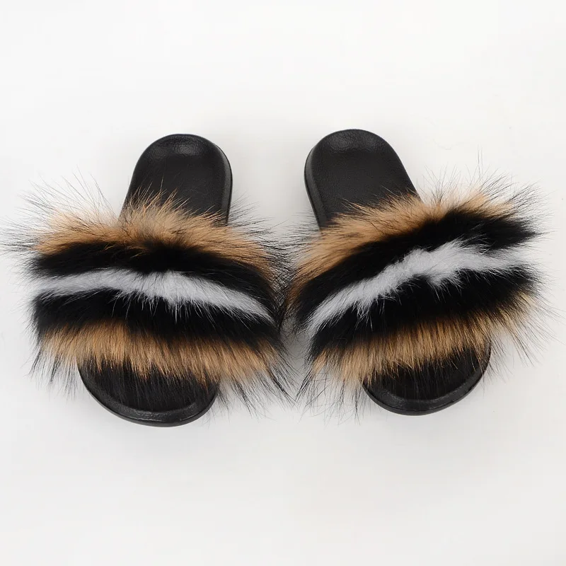 

Women Girls Grey White Strip Colors Fluffy Furry Fox Fur Slides, 70 colors