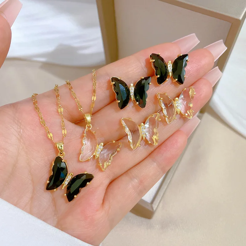 

2023 18k Gold Plated Necklace Jewelry 925 Silver Post Earrings Quality Zircon Crystal Butterfly Necklace Stainless Steel set