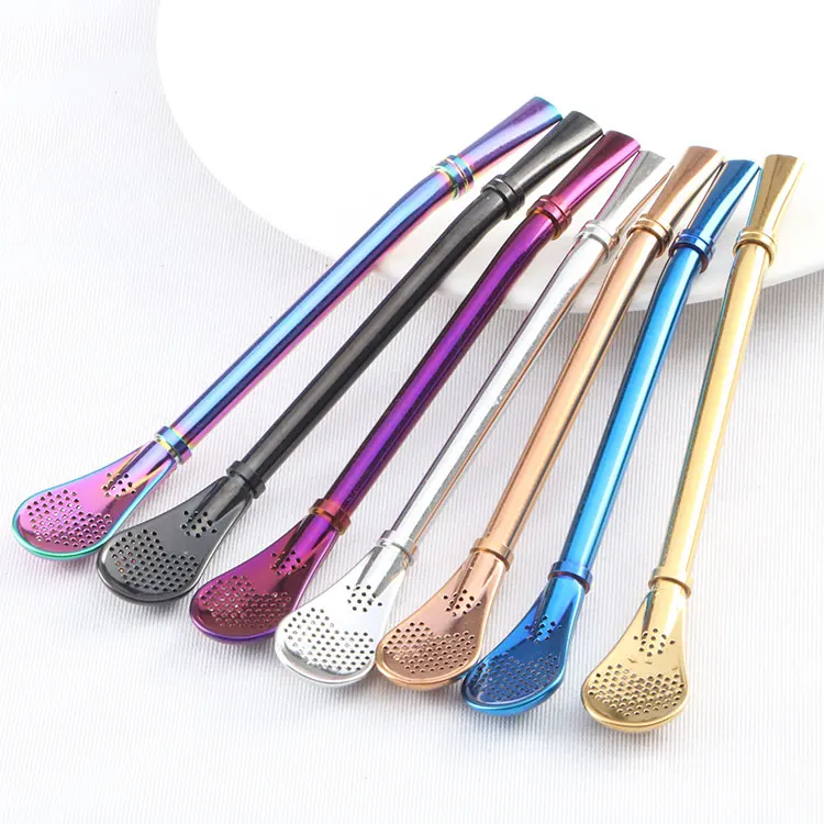 

7Colors Customized Wholesale Metal Straw Spoon Stainless Steel Bombilla Straw, Silver/gold/ rose gold/color/black/blue/purple