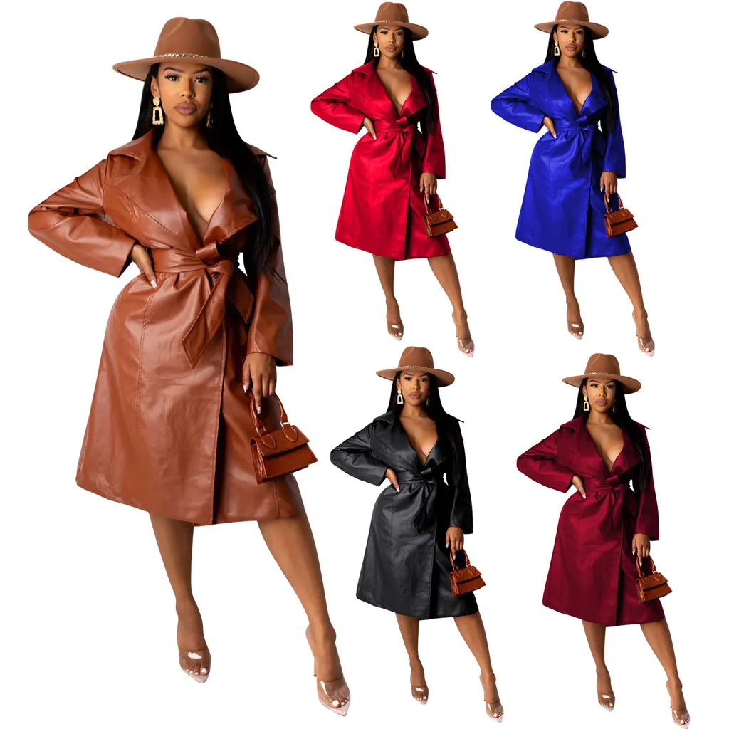 

21009-SW60 elegant PU turndown collar long coats women with belt sehe fashion, 2 colors