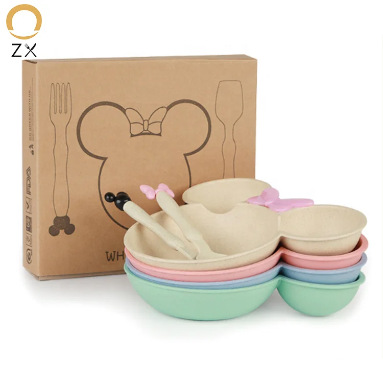 

Custom Cartoon kindergarten cute Children Tableware set 3pcs Biodegradable Wheat Straw Fiber Tableware Feeding Dishes, Wheat pink blue green