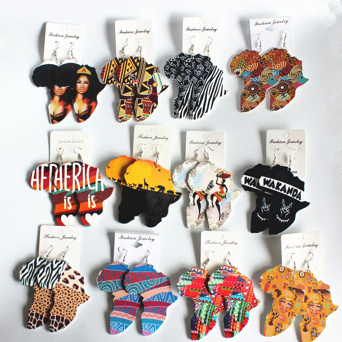 

Hot Selling Jewelry Africa Map Outline Wood Earring African Colorful Printed Stripes Geometric Earrings For Women, Picture shows