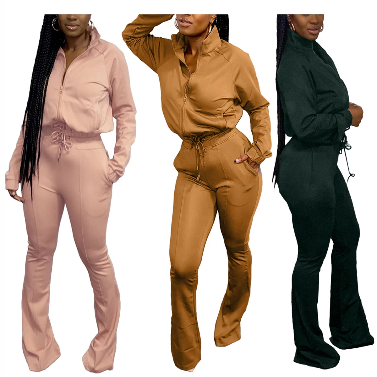 

Plus Size Street Wear Flare 2 Piece Pants Set Tracksuit Clothing Winter Jackets Coats Outfits Fall 2021 Clothes Women Fall Sets