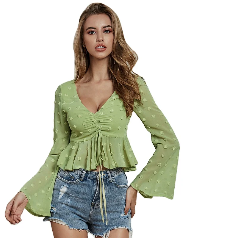 

V-neck polka dot short flared sleeve top sexy European and American explosive style shirt women's lace blouse