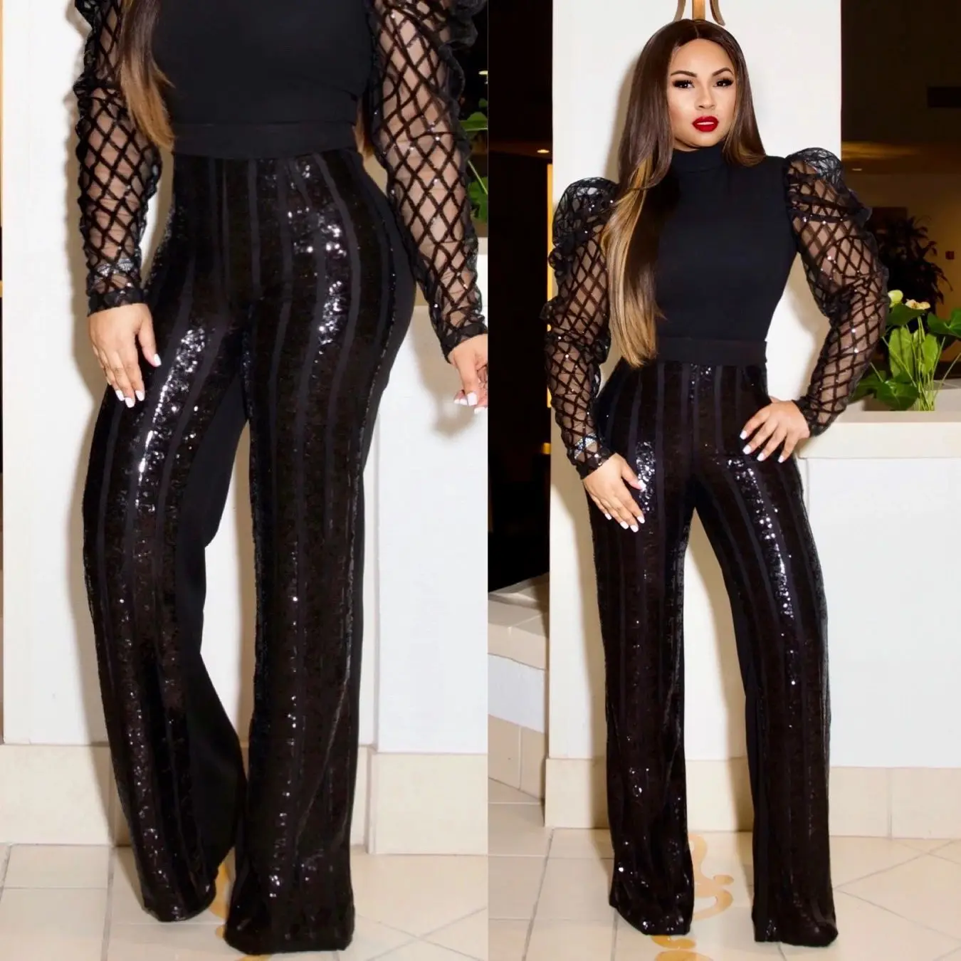 

Wholesale hot sales Long sleeve bubble sleeve Solid high collar mesh women fall tops 1069