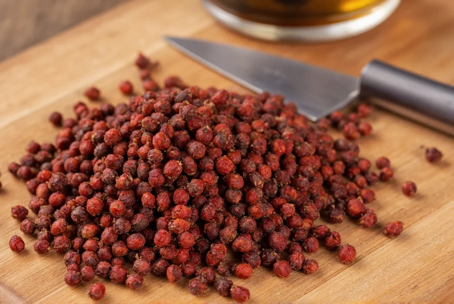 Close-up photograph of dried Japanese sansho pepper berries showing their distinctive reddish-brown color and textured surface on a wooden cutting board with traditional Japanese cooking utensils