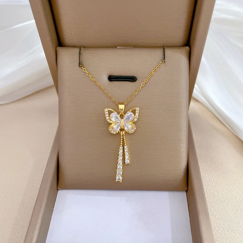 

Collar De Mariposa Dainty Jewelry 18K Gold Plated Stainless Steel Cat Eye Stone Clear Cubic Zircon Butterfly Pendant Necklace