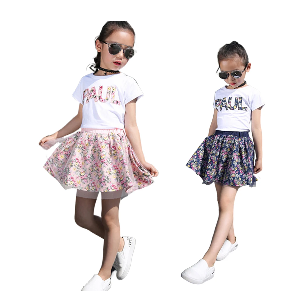 

2021 fashion children summer flower skirt girls wholesale little girls summer thin skirt girls short sleeve skirt, Navy blue, pink