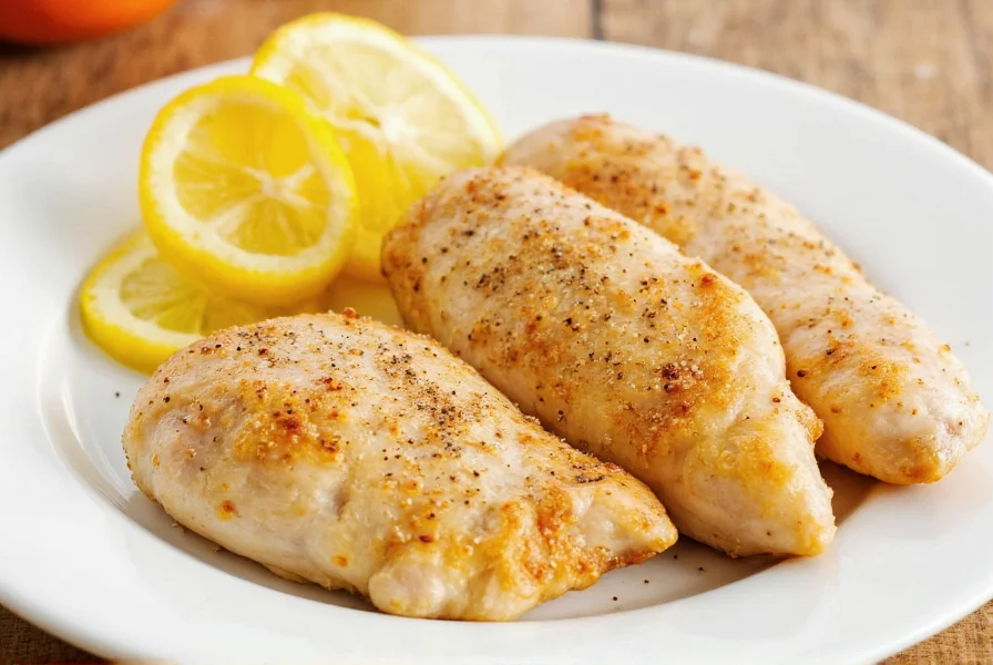 Perfectly seared lemon pepper chicken breasts with fresh lemon slices and cracked pepper on white plate