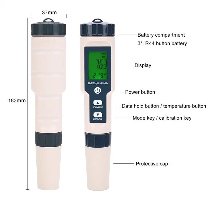 5 in1 Pool Water Quality Tester Portable Pen PH/EC/TEMP/Salinity/ Meter Tool 