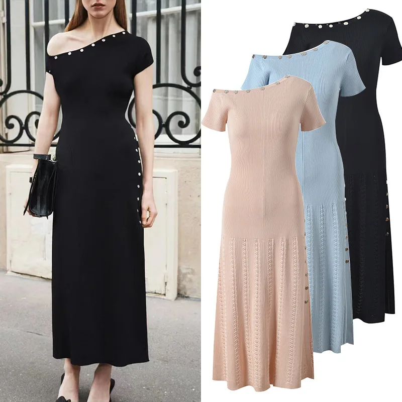 Bodycon Knitted Long Dress Asymmetrical Shoulder