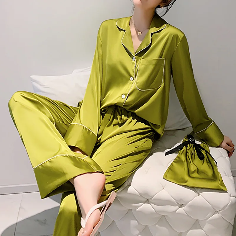 

New style Customized Ladies Button Down Pjs Loungewear 2pcs Female Soild Silk Like Satin Pajamas High Qaulity Women sleepwear, Picture shows