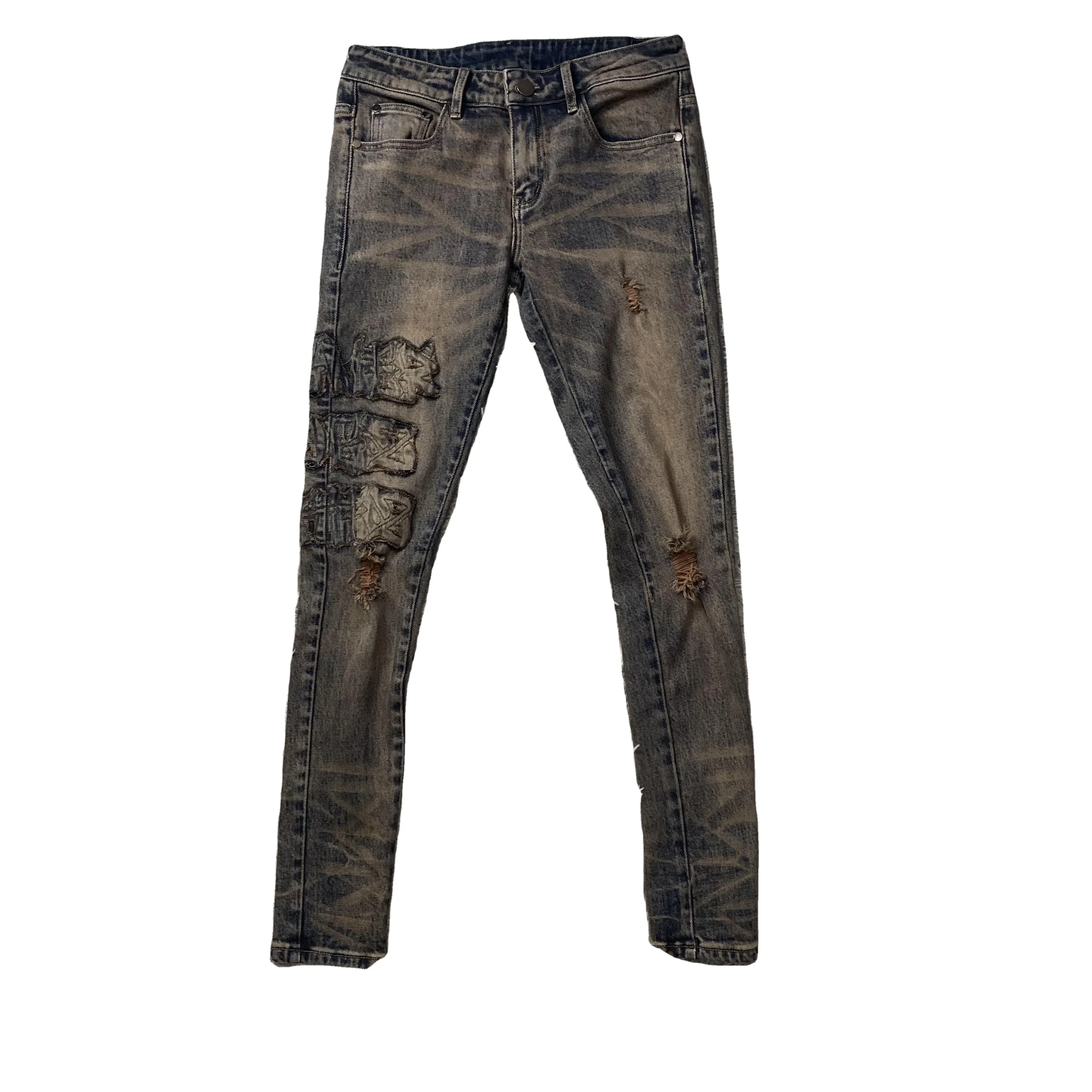 DENIMGUYS Men's Y2k Ripped Denim for Men Slim Skinny Stretchy Jeans Streetwear Pants Mens Embroidery Patch Distressing Jeans