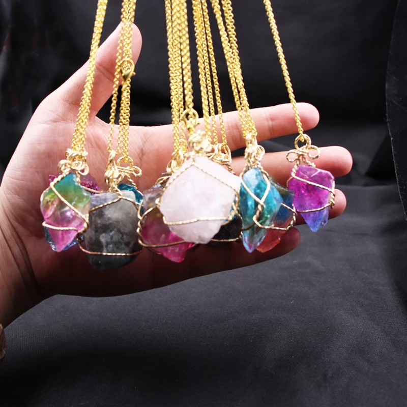 

Hongtong Handmade Irregular Natural CZ Stone Amethyst Pendant Necklaces Gold Plated Birthstone Necklace, Picture