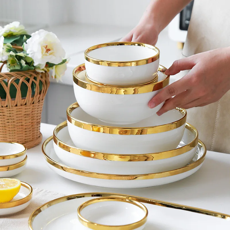 

European Light Luxury Phnom Penh Household Dishes Plates Ceramic Tableware Sets Rice Soup Noodle Bowl Porcelain Dinnerware Sets, White+golden
