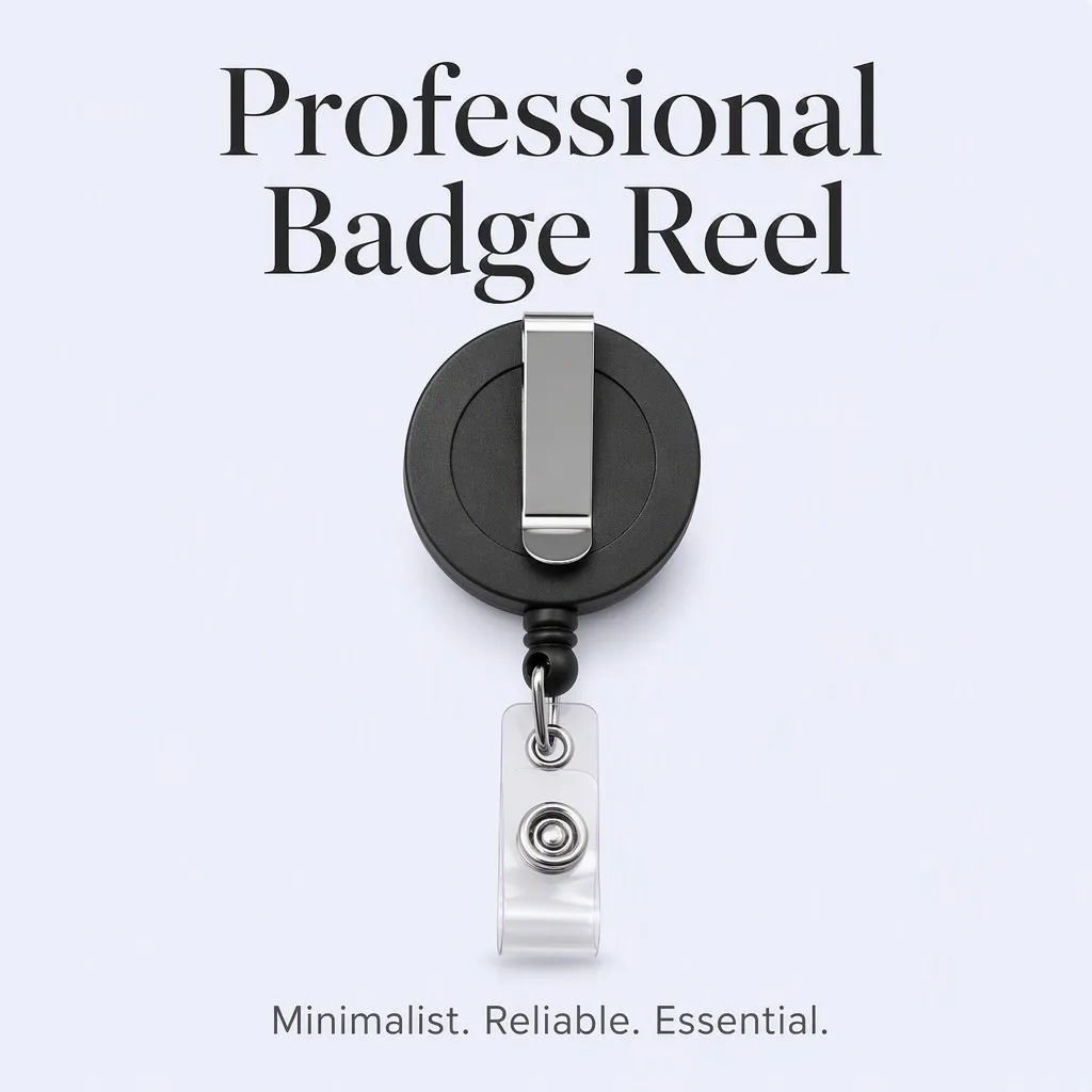 Badge reel with card clip, minimalist product card