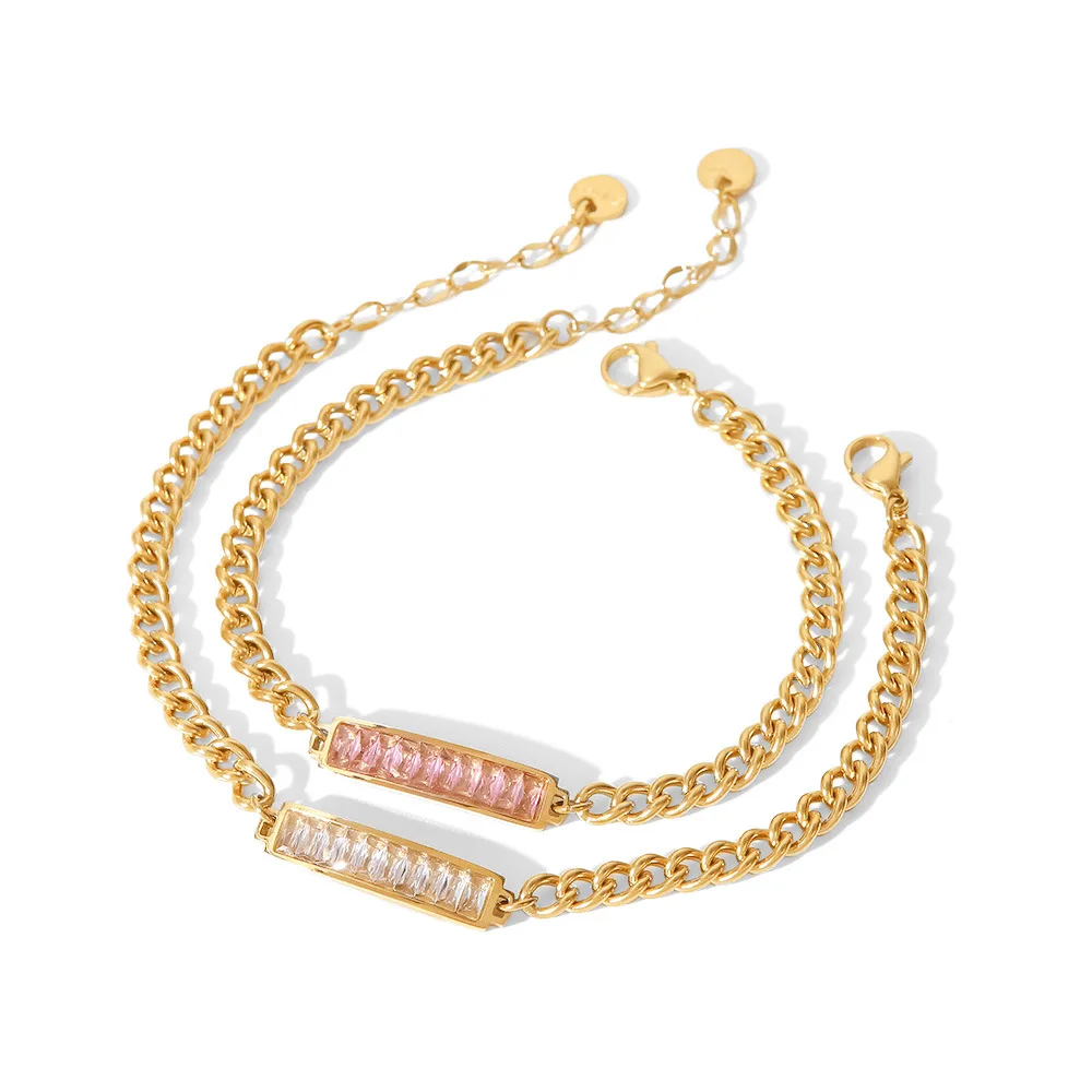 

14K gold stainless steel hand square pendant inlaid with white pink zircon bracelet Fashion titanium steel bracelet