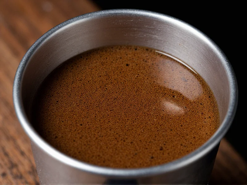 Freshly brewed espresso cooling in a metal container