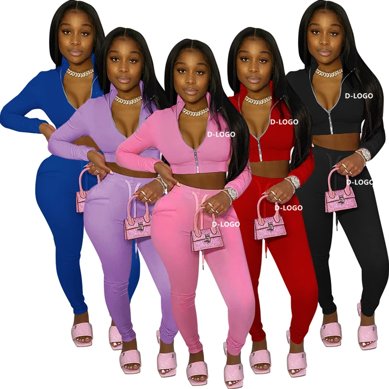 

Hot new designer brand fall Woman Clothes Zipper Crop Tops Long Sleeve Two Piece Sets custom Women pants Tracksuit Jogger Set, 8 colors