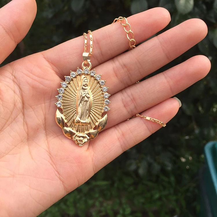 

Women religious christian necklace jewelry rhinestone virgin mary necklace, Gold silver