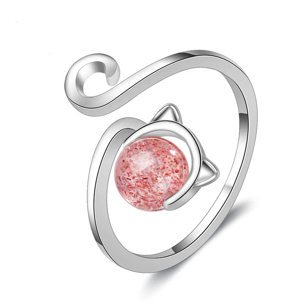 

Made In Korea Lovely Cat Jewelry Pink Strawberry Crystal Ring For Kids