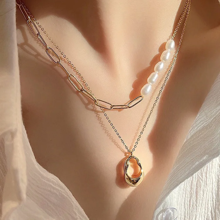 

Vershal B304 French 18k Gold Plated Retro Elegant Pearl Beads Layers Geometric Pendant Necklace