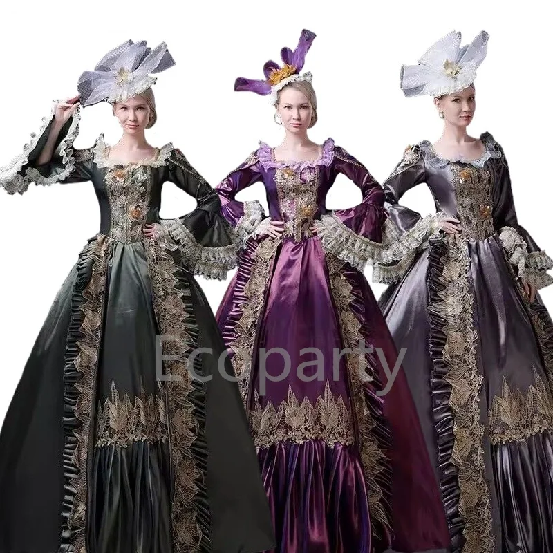 

Medieval Wome's Tea Dress Purples Grey Cosplay Costumes Classical European Carnival Party Retro Rode Lace Meeting Dresses Vintag