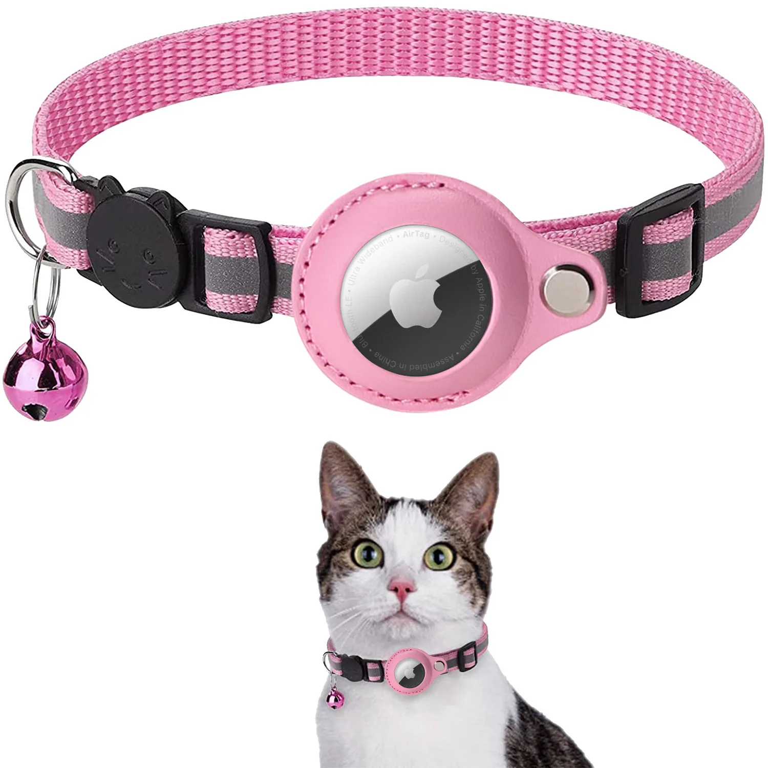 

Hot Selling Air Tag Holder PU Leather Cat Collar Breakaway Adjustable Anti-Loss Reflective Pet Cat Collar with Small Bell