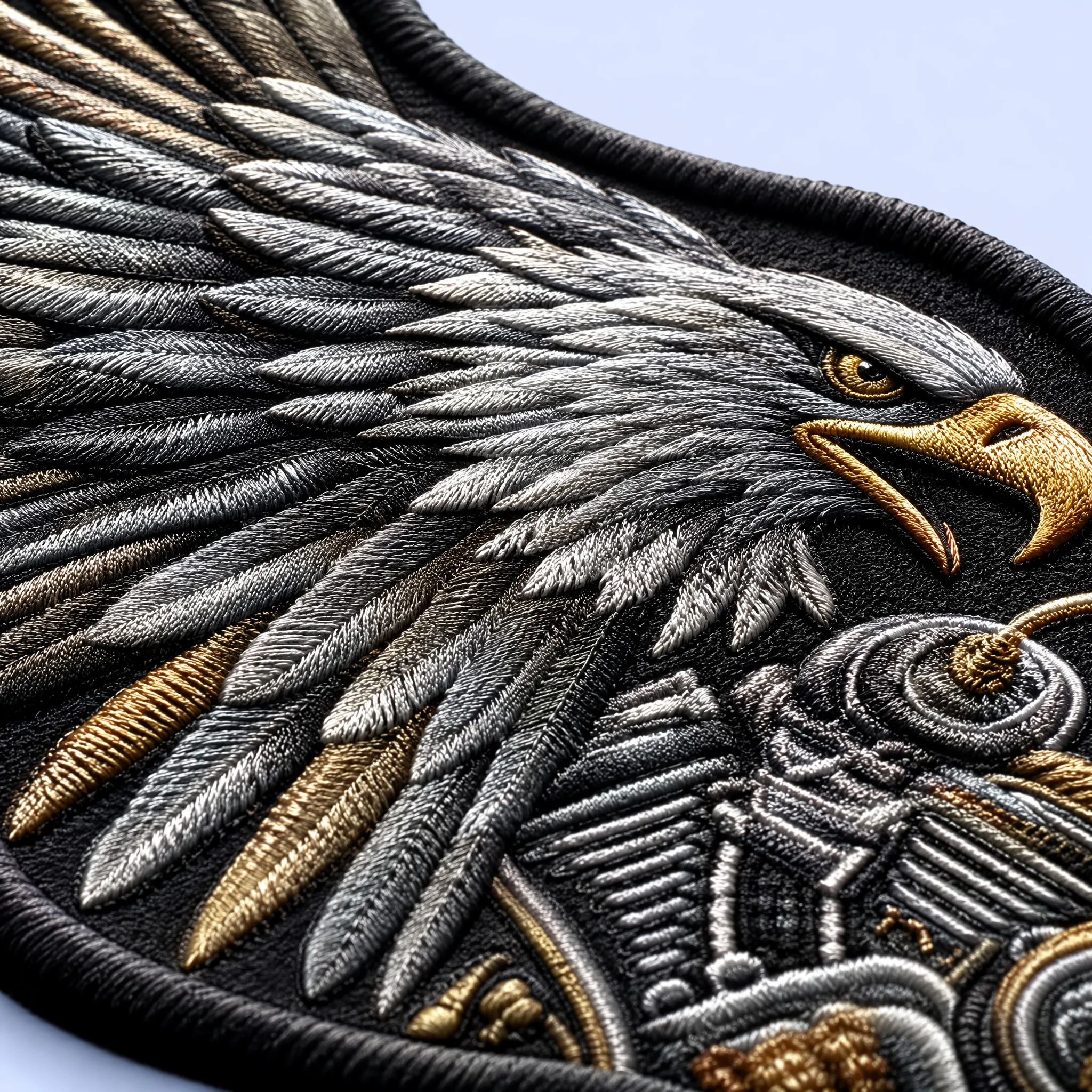 4K Macro Close-up of Eagle Wing Feathers, Golden Beak, Metallic Silver Engine Pistons, and Heavy Black Merrowed Edge