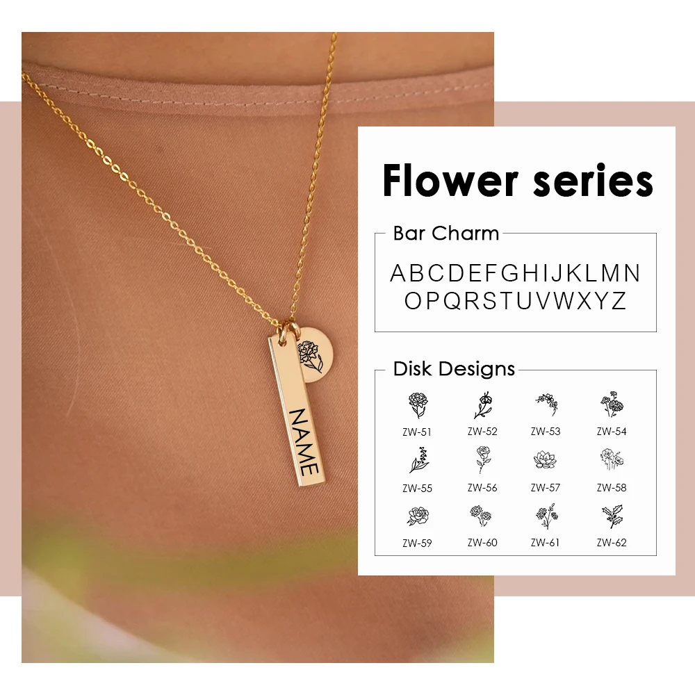 

Engraved Birth Flower Coin Personalized Bar Pendant Name Necklace For Women Stainless Steel Jewelry