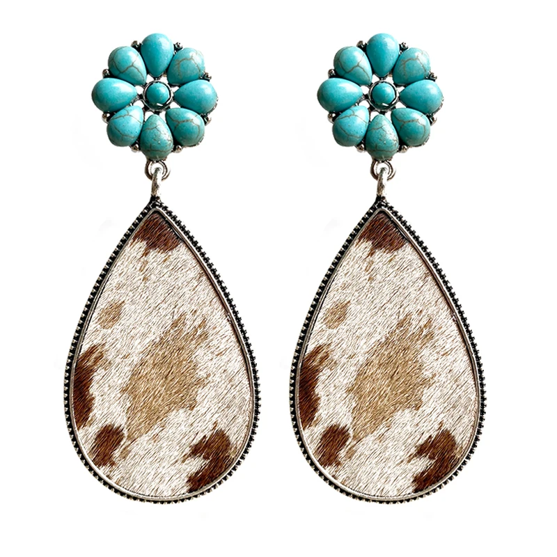 

Leopard Cow Pattern Genuine Leather Earrings for Women Turquoise Pumpkin Flower Teardrop Earring