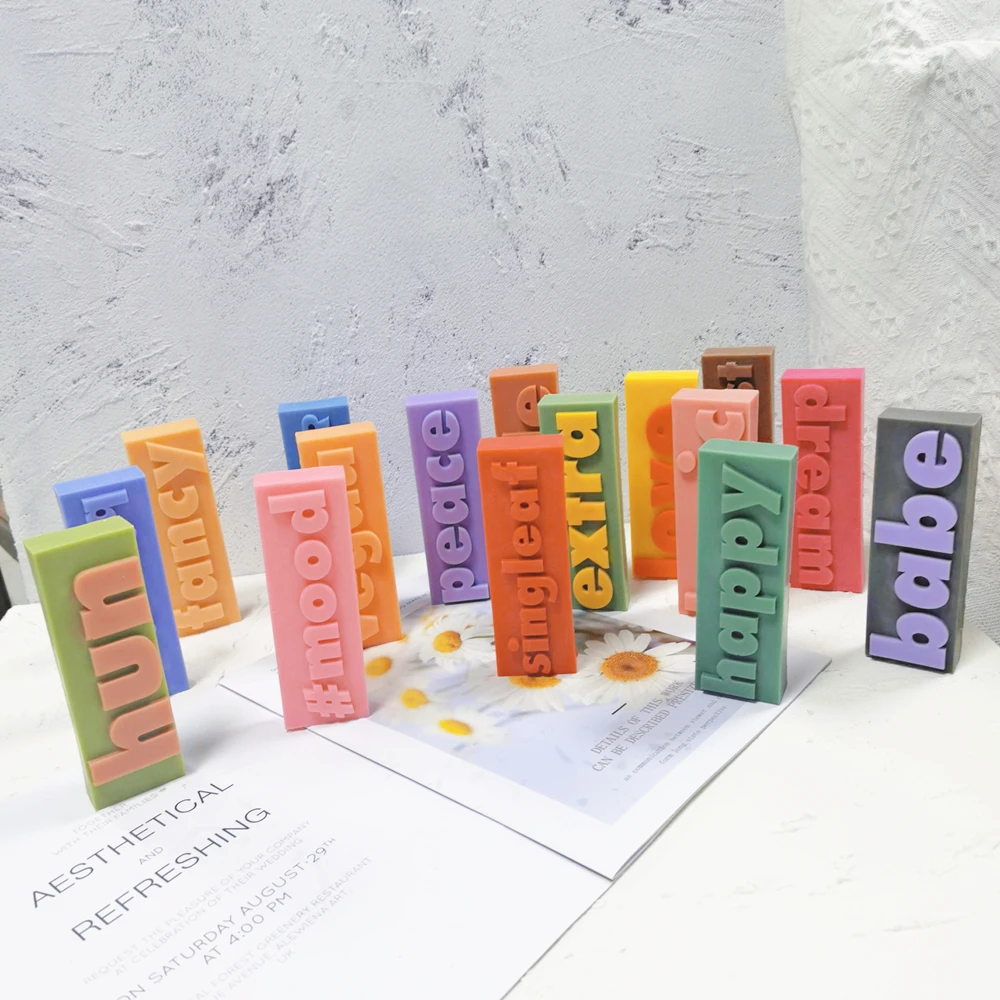 

16 Designs Decorative Rectangle Shape Letter Alphabet Silicone Candle Mould Basic Dream Words Slogan Block Pillar Candle Molds, Stocked / cusomized