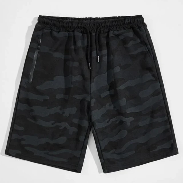 

Custom 220gsm Cotton Shorts Casual Camo Print Drawstring Waist With Zipper Pockets Shorts Men, Black
