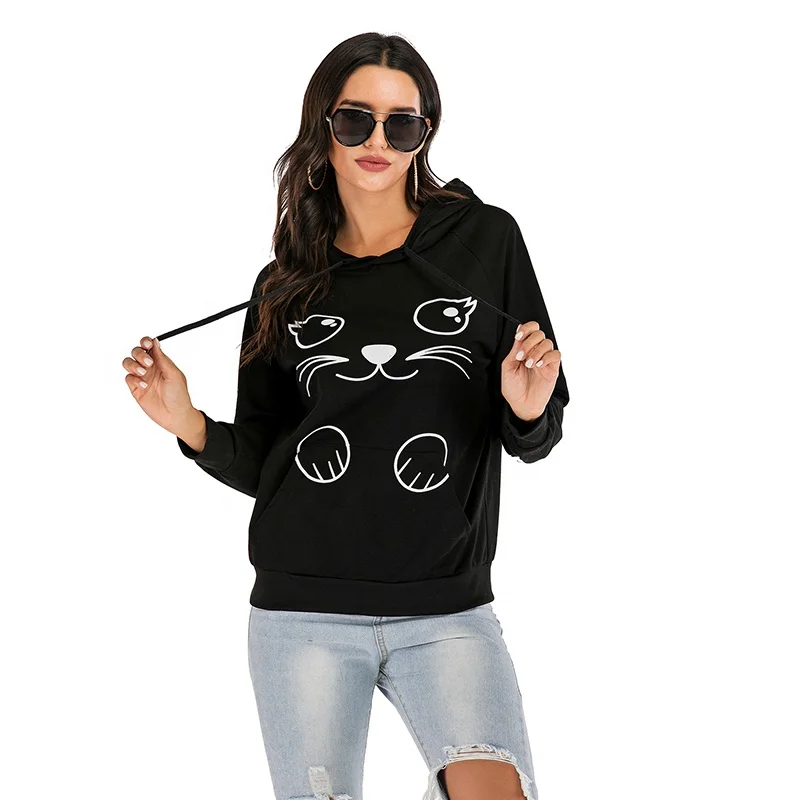 

Cartoon Casual Cute Women Hoodie Custom Cat Print Oversize Hoodies High Quality Street For Women, Black