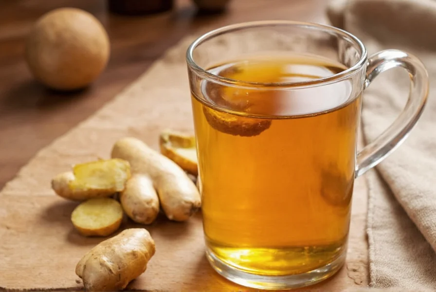 Fresh ginger root slices steeping in clear glass teapot with steam rising, showing golden yellow tea color