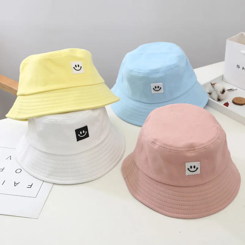 

Free shipping wholesale cheap kids child baby toddler smile bucket hats custom embroidery logo patchwork bucket hat smiley face
