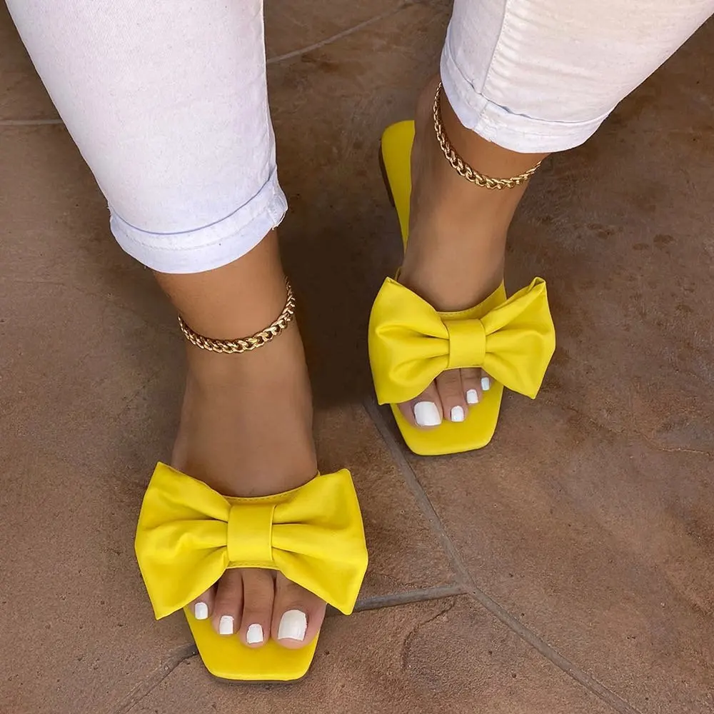 

Bow Knot Slides Solid Color Open Toe Low Heel Flat Shoes Beach Slippers Summer Sandals For Women And Ladies, Picture