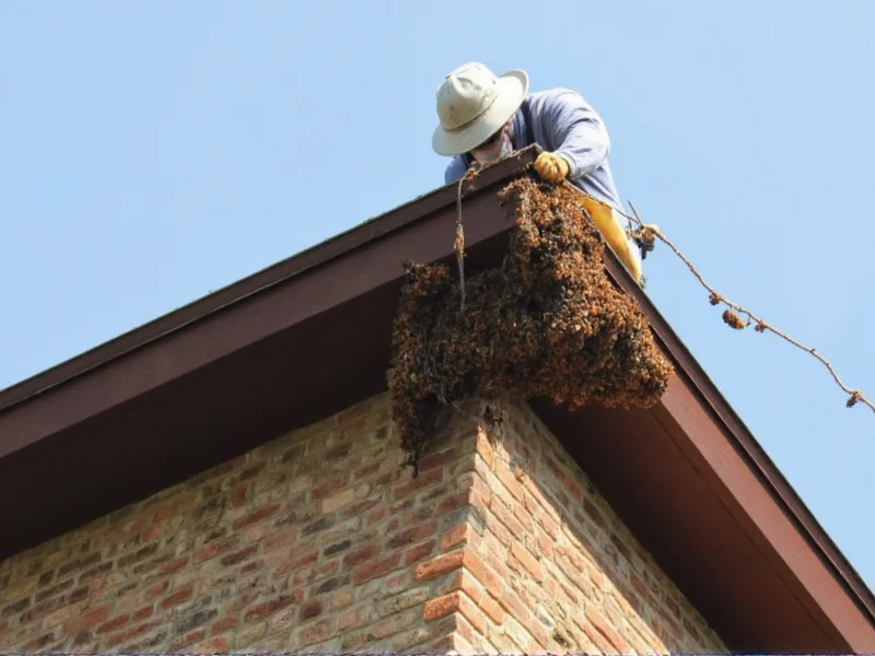 Professional removing large wasp nest from roof eave