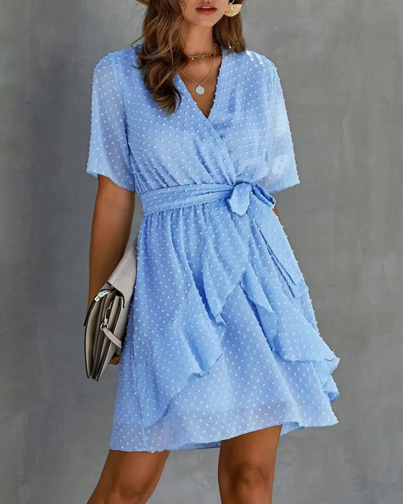

2020 new arrivals women clothing spring apparel in stock short sleeve sexy wrap v neck mini ladies casual dresses with belt, Blue or custom fall casualladies casual dresses