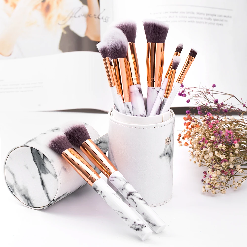 

2020 Best Soft Powder Makeup Brand Holder Packaging Marble Make Up Brush Set With Bag, White, pink, black