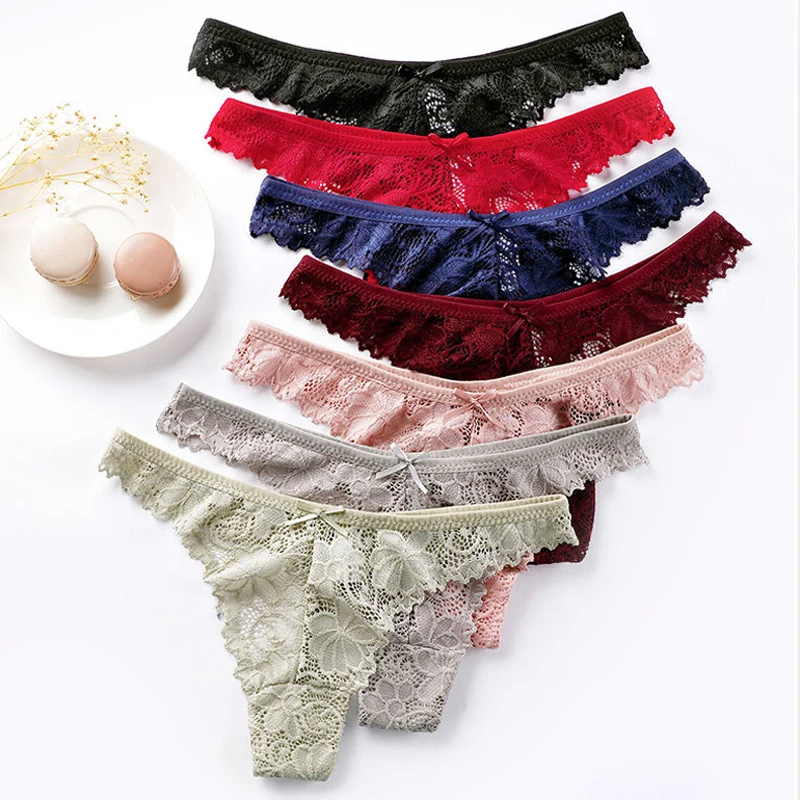 

Womens See Through Underwear Hollowed Out T Back Low Waist Sexy Floral Lace G-String Thong Panties, Black, dark blue, wine red, pink, red, green, grey