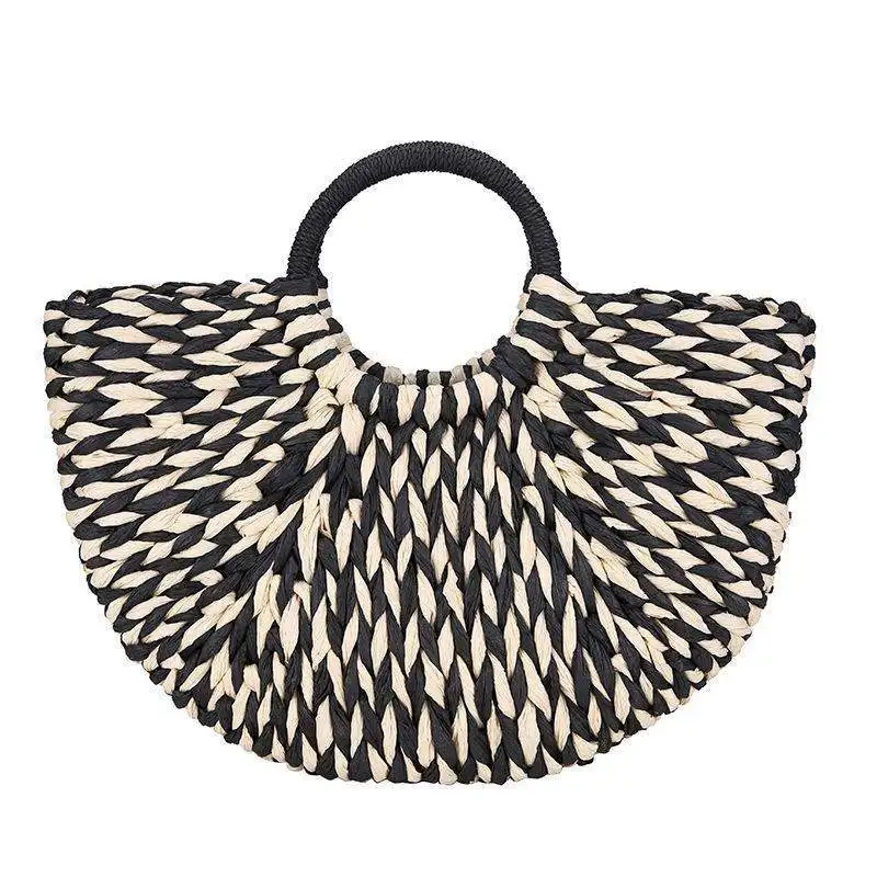 

2020 half circle moon shape woven bag fashion black and white straw handbags vintage woven handbag for women, Pure color