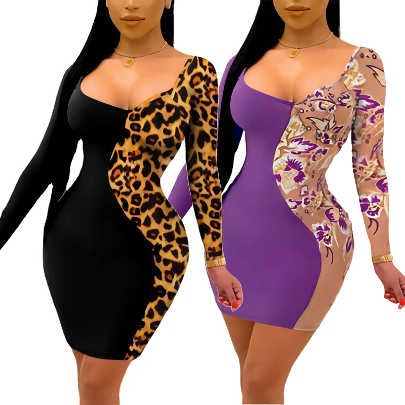 

Latest Fall 2021 Women Clothes Elbise Leopard Bodycon Long Sleeve Women Western Dress Casual, Customized