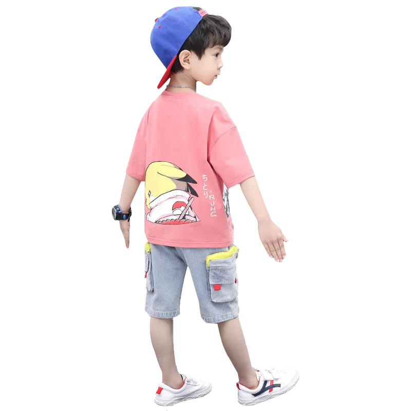 

2021 boys summer suit new children's western style short-sleeved clothes five-point jeans two-piece suit